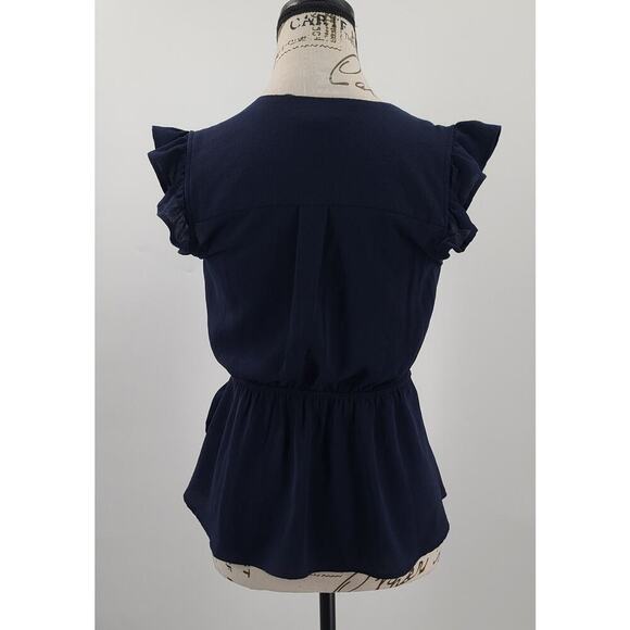 Monteau ladies ruffle cap sleeve faux wrap peplum top blue Size Small office - Picture 2 of 7